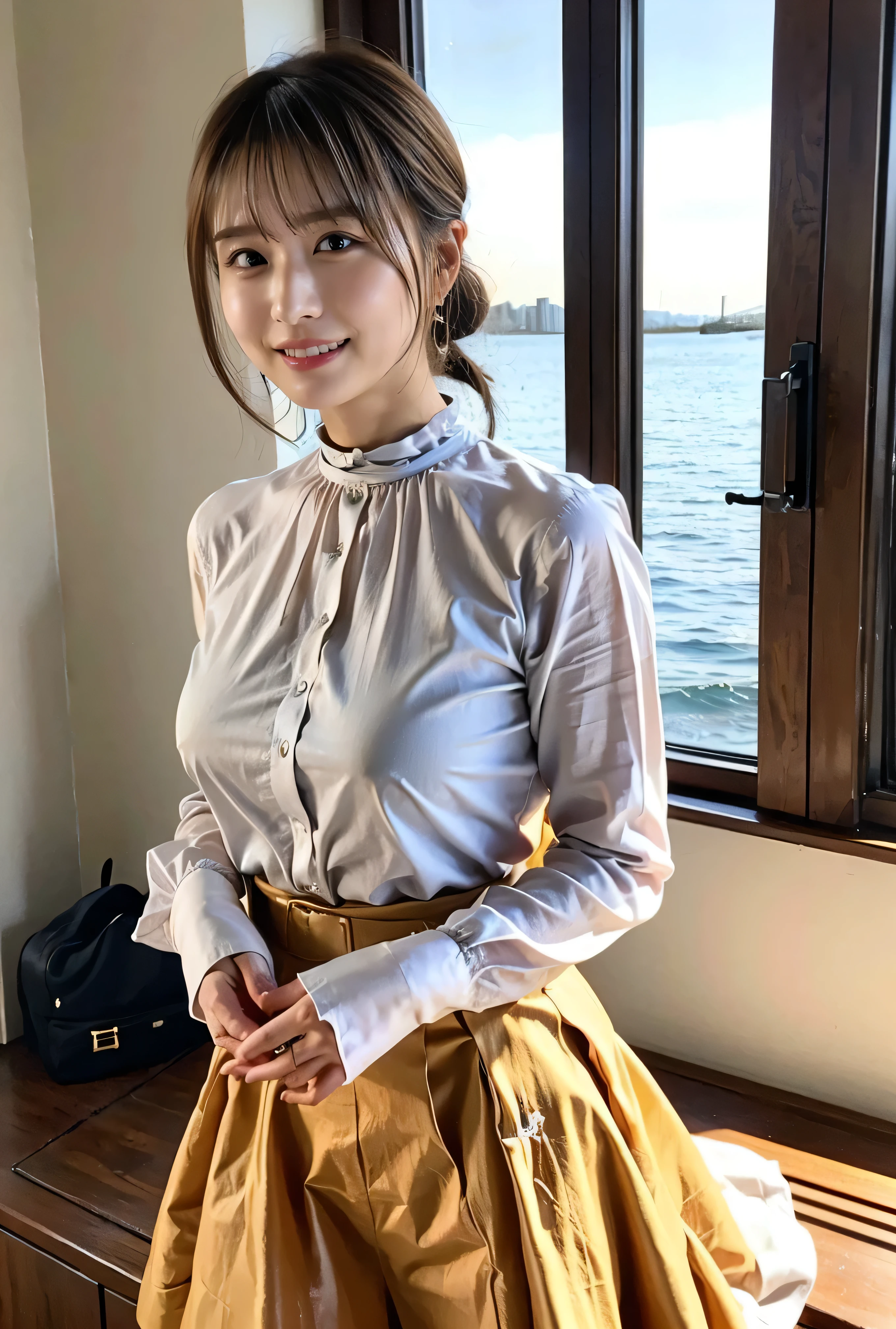 Blue-eyed woman、A woman with a cute upward gaze、When the sky turns dark、The sky turns reddish due to sunset、Tight clothing that shows your body line、The collar of his shirt is open obscenely、Gorgeous white collared silk shirt and brown skirt、Luxurious genuine leather belt、Dress elegantly着こなす、Luxury Bags、、((short hair:1.4))、Skyscrapers seen across the sea、Manhattan Island is visible offshore、A woman on a pleasure boat、Side Ponytail、The sun shines on her、No sleeve、Light brown hair、Light brown hair、The sky was dyed red、There are clouds、It's cute、A woman in elegant clothing is sitting on a boat and watching the sunset、Her huge breasts are obvious even through her clothes.、The shining sun is so beautiful、Dusk is coming、Lens flare、I can see the sun setting、((Sunlight reflecting off the ocean、Ocean View、The sun shines on the sea、'beautiful.、Small earrings、It'evening、Birds are also flying、、Brown Hair Color、Tie your hair、The woman is on the right:1.4))、Luxury Leather Belts、Shiny clothes、Light beige hair color、Background Blur、Braid only the front hair、Light brown hair、{{Cowgirl Shot}}、((Close-up shot from the waist up、Big Breasts:1.4))、Big Breasts、Smile、Silk clothing、Big Breasts that can be seen even through clothes、Braid only the front hair、Cowboy Shot、Gorgeous white collared silk shirt and brown skirt、Dress elegantly、Luxury Bags、A lovely smile、((airplane in the background、I'Coming to the airport))、Full body photo、ring、Short skirt、Tuck your hair behind one ear、Silver Necklace、smile、 Elegant ponytail、Caustics、Highly detailed photos、Very beautiful and ideal short hair、Big Breasts、Super no makeup、(8k、RAW Photos、highest quality、masterpiece:1.2)、(Realistic、Realistic)、1 girl、((Big Breastsshort hair、Looking into the camera:1.4))、Hair blowing in the wind
