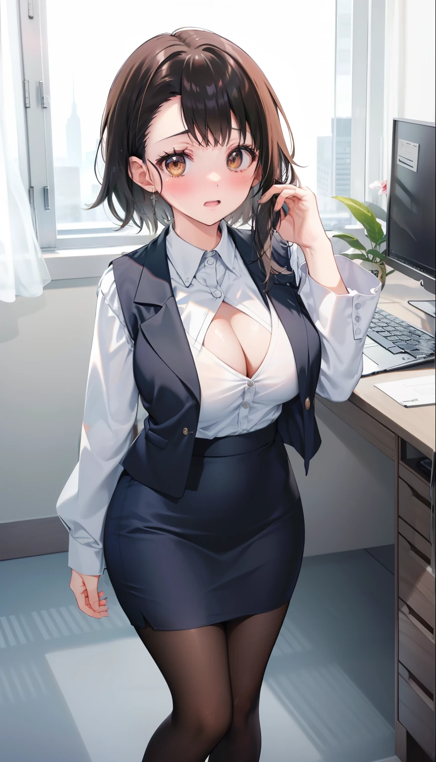 highest quality, Flying debris、Beautiful woman、Office Lady、Black Hair、(Brown eyes、Big Breasts、Blunt bangs)、short hair、Dark blue checked office suit)、new employee,Full Body Shot、Female office lady、break(Dark blue checked vest、White dress shirt、Navy blue mini tight pencil skirt:1.2)、(Black Pantyhose、garter belt、High heels)、break(office:1.3)、Cleavage、Shirt buttons fly off、Absolute area、Blushing、Embarrassed、Standing posture、Open your mouth、Exposing the breasts、Bare your breasts、No panties、No bra、Nipples are visible、Expose the nipple