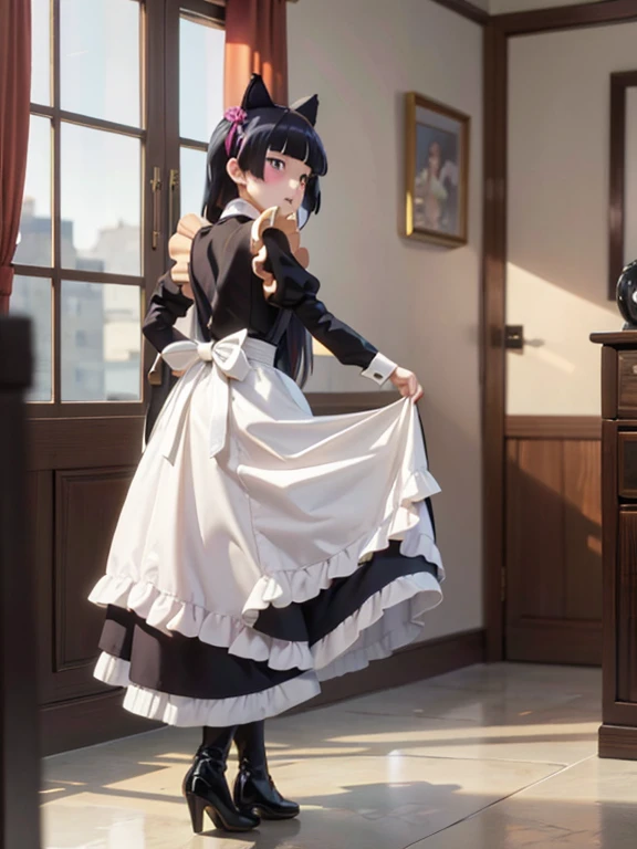 Ultra-high resolution, Attention to detail, (ruri gokou), blush, black hair, mole, mole under eye, 1 girl, Maid clothes, Cat ear, Black Tail, Anime Style, (apronスカート), Midi Skirt, stockings, apron, Frills, ribbon, race, sense of cleanliness, cute, grace, service, (Demure), Cosplay, Black cat tail, collar, cuffs,Victorian, satin, full body