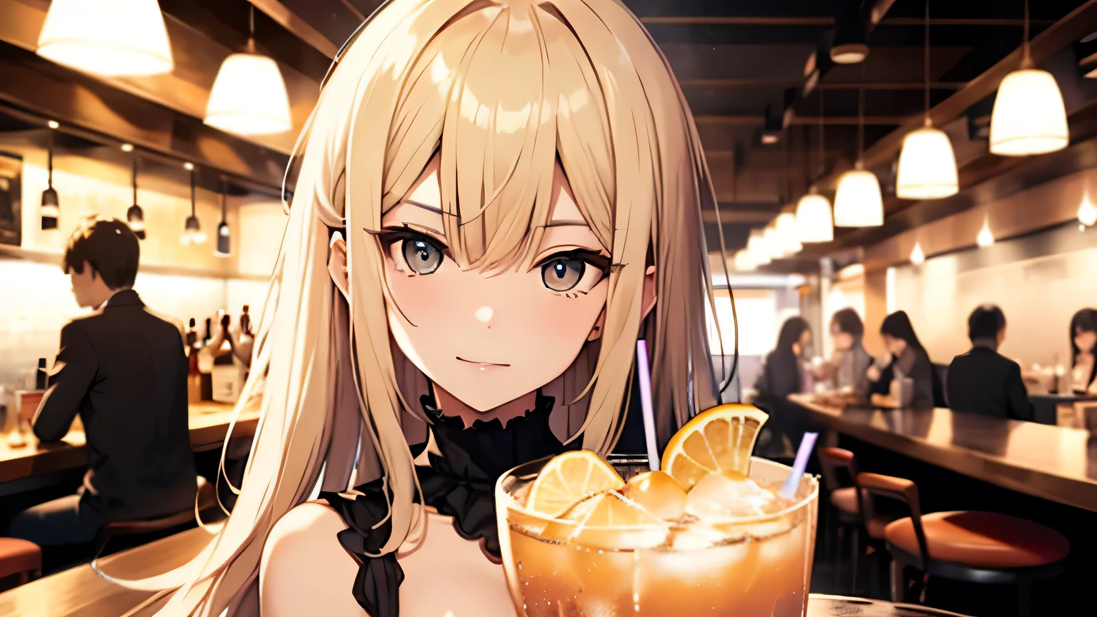 ((highest quality)), ((masterpiece)), (detailed), 8K,Perfect Face、Cafe、Drink a cocktail、blonde、Smooth Hair、Angle from the side、Delicate line drawing、