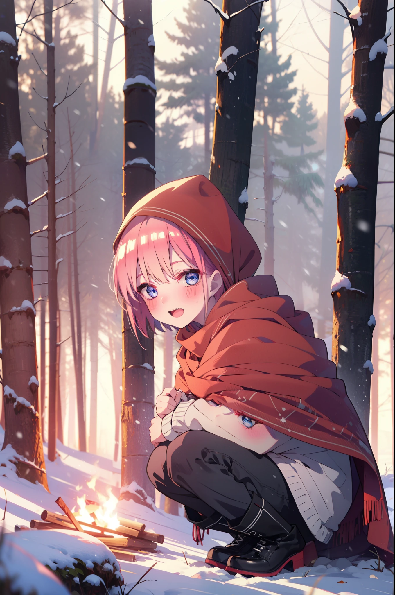 ichikanakano, ichika nakano, short hair, bangs, blue eyes, Hair between the eyes, smile,Pink Hair,smile,blush,White Breath,
Open your mouth,snow,Ground bonfire, Outdoor, boots, snowing, From the side, wood, suitcase, Cape, Blurred, Increase your meals, forest, White handbag, nature,  Squat, Mouth closed, フードed Cape, winter, Written boundary depth, Black shoes, red Cape break looking at viewer, Upper Body, whole body, break Outdoor, forest, nature, break (masterpiece:1.2), highest quality, High resolution, unity 8k wallpaper, (shape:0.8), (Beautiful and beautiful eyes:1.6), Highly detailed face, Perfect lighting, Extremely detailed CG, (Perfect hands, Perfect Anatomy),