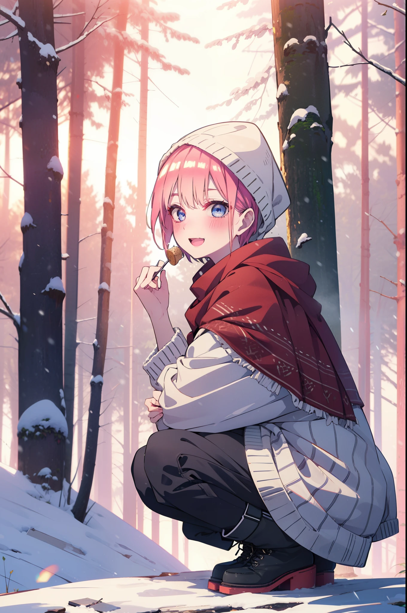 ichikanakano, ichika nakano, short hair, bangs, blue eyes, Hair between the eyes, smile,Pink Hair,smile,blush,White Breath,
Open your mouth,snow,Ground bonfire, Outdoor, boots, snowing, From the side, wood, suitcase, Cape, Blurred, Increase your meals, forest, White handbag, nature,  Squat, Mouth closed, フードed Cape, winter, Written boundary depth, Black shoes, red Cape break looking at viewer, Upper Body, whole body, break Outdoor, forest, nature, break (masterpiece:1.2), highest quality, High resolution, unity 8k wallpaper, (shape:0.8), (Beautiful and beautiful eyes:1.6), Highly detailed face, Perfect lighting, Extremely detailed CG, (Perfect hands, Perfect Anatomy),