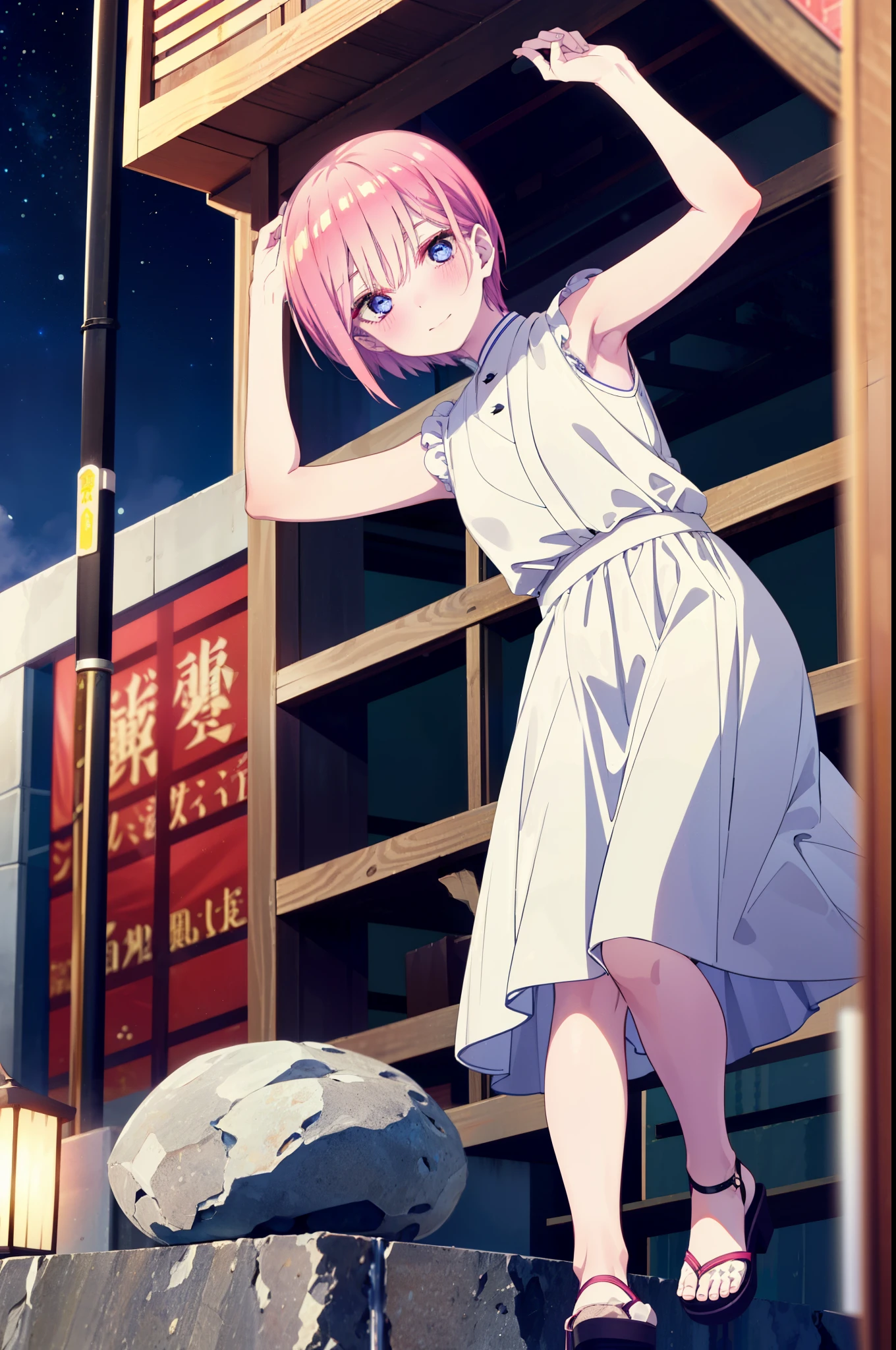 ichikanakano, ichika nakano, short hair, bangs, blue eyes, Hair between the eyes, Pink Hair,smile,Sleeveless white dress,Bare arms,White long skirt,Cute heeled sandals,whole bodyがイラストに入るように,Looking down from above,walk,moonlight,night,ロマンチックなnight景,Starry Sky,shooting star,Looking up from below,stone stageに座っている,
break outdoors, shrine,stone stage,Building district,
break looking at viewer, whole body,
break (masterpiece:1.2), highest quality, High resolution, unity 8k wallpaper, (shape:0.8), (Beautiful details:1.6), Highly detailed face, Perfect lighting, Highly detailed CG, (Perfect hands, Perfect Anatomy),