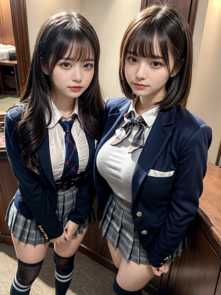 (8K, Raw photography, top-quality, masterpiece:1.2), master piece, best quality, illustration, Super detailed, fine details, High resolution, 8K,wall paper, perfect dynamic composition,(Details High quality, realistic depiction of eyes:1.3), ((2 girls, 2 schoolgirls)), The background is a luxury hotel room、High school girl uniform、blazer 、Super Short Check Uniform Skirt、Navy blue high socks、garterbelts、Colossal tits、Disturbed uniform, Play with each other,Touching each other's bodies,Touching the body of the girl next door, short bob hair, black hair color, huge breasts, Big Natural Color Lip, bold sexy pose, (perfect body shape), crying a little、cold gaze, Beautiful makeup,glitter makeup,Cutest 18 years old, beautiful legs, hposing Gravure Idol, Voluptuous thighs