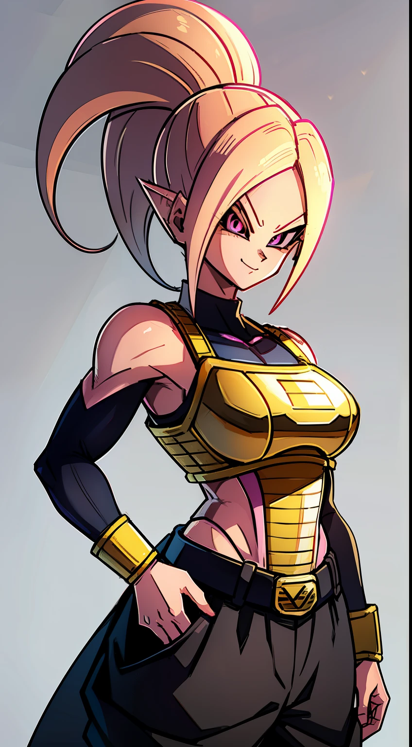 (high-quality, breathtaking),(expressive eyes, perfect face) Symmetrical Eyes, portrait, dragon ball z xenoverse 2, 1girl, female, alien, Majin Race, FMajin, Female Majin Buu, (pink skin:1.1), bubblegum pink skin color, red colored skin, smiling,(black sclera:1.2), red eyes, tentacle hair, black baggypants, belt, alien, M, shoulder holes, standing, no nose, grey background, long length hair, wavy hair, hair between eyes, DBZ Saiyan armor, white armor, blue shirt, b4ttl3, saiyan armor
