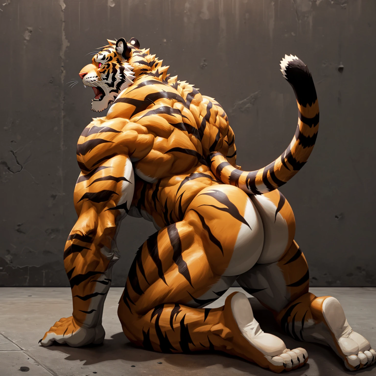 Male tiger facing backwards、Tiger hair all over the body、A composition that captures the whole body、Back muscles、Huge butt muscles、Golden fur tiger、All fours pose、Kneeling Pose、Sole、Anime-style crimson eyes、Wide open mouth expression、A body that fills the screen、Concrete Background、tiger tail