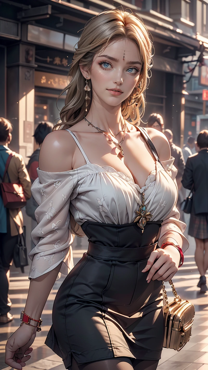 (8K, RAW Photos, highest quality, masterpiece:1.2), (Realistic, photo-Realistic:1.37)、Earrings, eyelash, pantyhose、セクシーな刺激的なsmile、 (Shiny skin:1.05)、Venus Body、Having her hair done、My chest is popping out、Wear accessories on your wrist、Wearing accessories on the ankle、Background blur((depth of field)、smile、23 year old white female、Silver Hair、long hair、blue eyes、Wear off-the-shoulder tops、Cleavage Emphasis、Wear an A-line micro mini flared skirt、Have a clutch bag、Chest pop、垂れ方がRealistic乳房