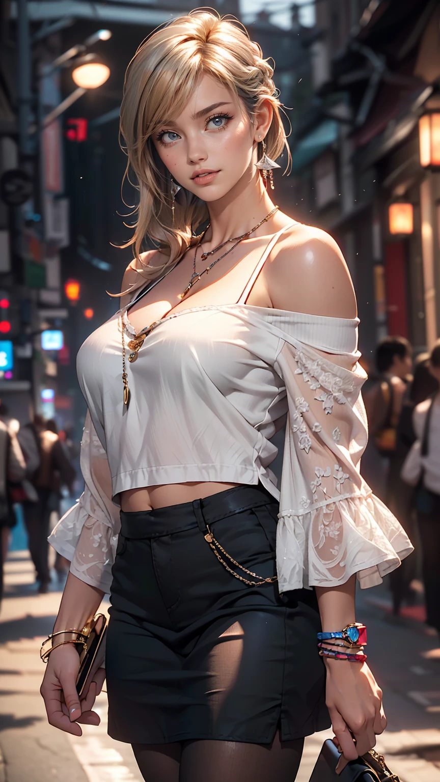 (8K, RAW Photos, highest quality, masterpiece:1.2), (Realistic, photo-Realistic:1.37)、Earrings, eyelash, pantyhose、セクシーな刺激的なsmile、 (Shiny skin:1.05)、Venus Body、Having her hair done、My chest is popping out、Wear accessories on your wrist、Wearing accessories on the ankle、Background blur((depth of field)、smile、23 year old white female、Silver Hair、long hair、blue eyes、Wear off-the-shoulder tops、Cleavage Emphasis、Wear an A-line micro mini flared skirt、Have a clutch bag、Chest pop、垂れ方がRealistic乳房