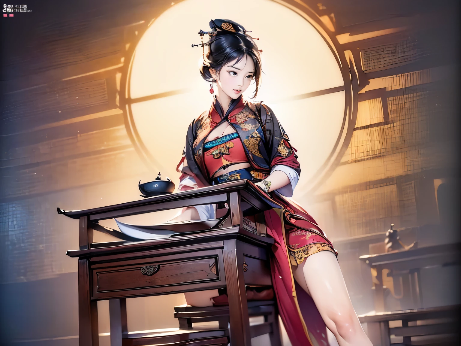 ((high-definition Chinese traditional ink image, hanfu)), eyes realistic sizing, drooping eyes, smiling, ((spread legs, standing and straddling to hit her crotch on a corner of the table for masturbation)), ((pubic hair, large areolas, orgasm)), old fashion, open mouth, old temple,