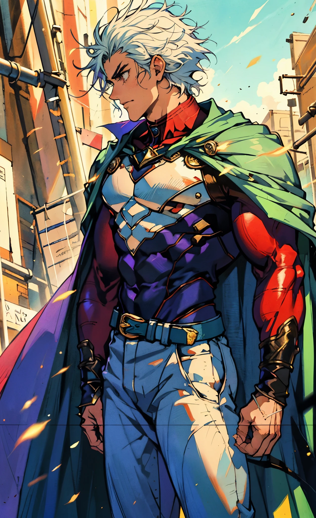 A young man with Greenish-blue spiky short hair, middle part bangs, a disdainful look, slender eyebrows, delicate features, a robust physique, a fantasy-style purple and white tight outfit, a black collar connected to a dark blue cape, a white belt attached to a red and white hem, sky-blue trousers, green flowing light surrounding him, standing on a long street at night, side view, this character embodies a finely crafted fantasy-style warrior in anime style, exquisite and mature manga art style, dramatic, high definition, best quality, highres, ultra-detailed, ultra-fine painting, extremely delicate, professional, perfect body proportions, golden ratio, anatomically correct, symmetrical face, extremely detailed eyes and face, high quality eyes, creativity, RAW photo, UHD, 32k, Natural light, cinematic lighting, masterpiece-anatomy-perfect, masterpiece:1.5