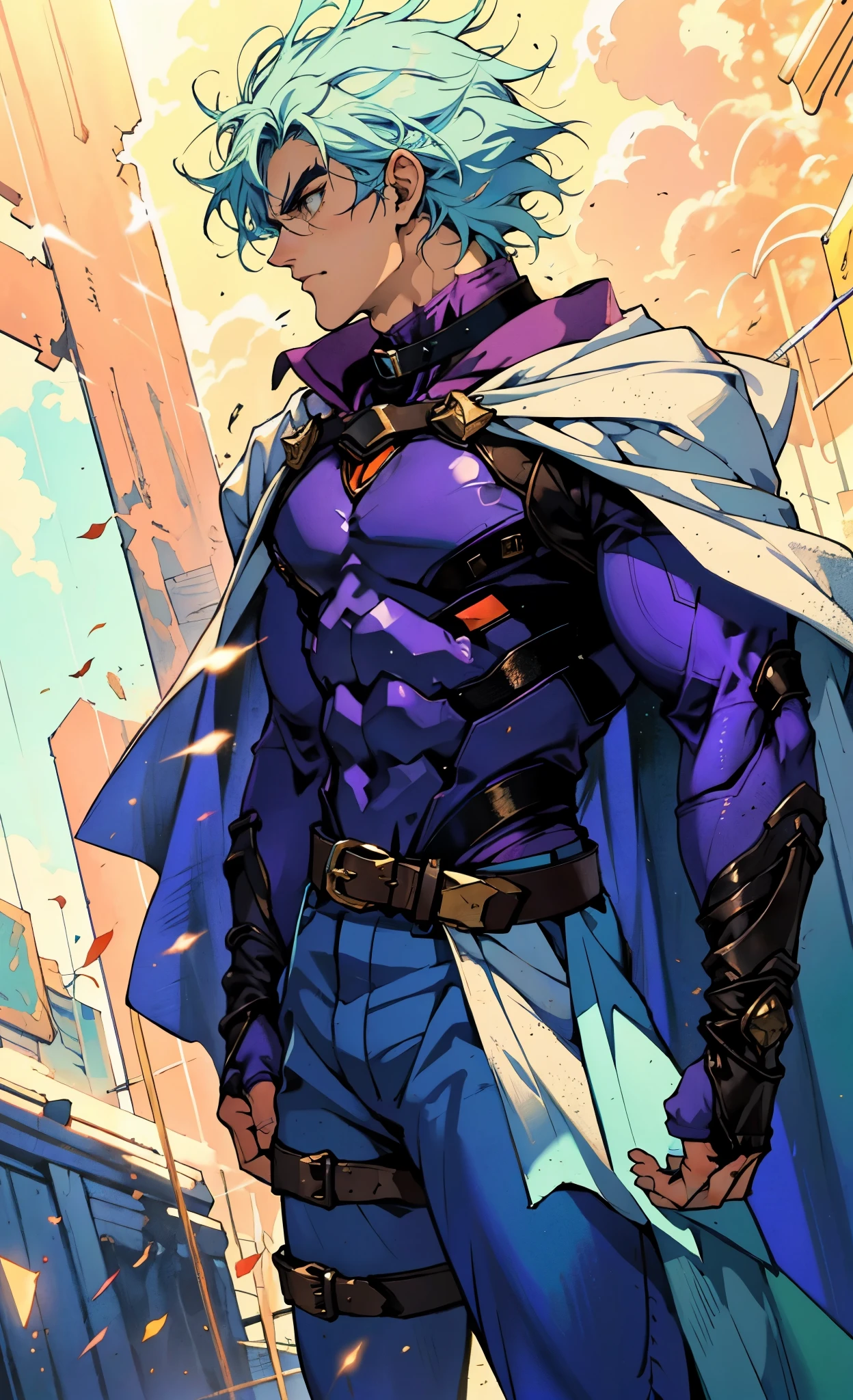 A young man with Greenish-blue spiky short hair, middle part bangs, a disdainful look, slender eyebrows, delicate features, a robust physique, a fantasy-style purple and white tight outfit, a black collar connected to a dark blue cape, a white belt attached to a red and white hem, sky-blue trousers, green flowing light surrounding him, standing on a long street at night, side view, this character embodies a finely crafted fantasy-style warrior in anime style, exquisite and mature manga art style, dramatic, high definition, best quality, highres, ultra-detailed, ultra-fine painting, extremely delicate, professional, perfect body proportions, golden ratio, anatomically correct, symmetrical face, extremely detailed eyes and face, high quality eyes, creativity, RAW photo, UHD, 32k, Natural light, cinematic lighting, masterpiece-anatomy-perfect, masterpiece:1.5