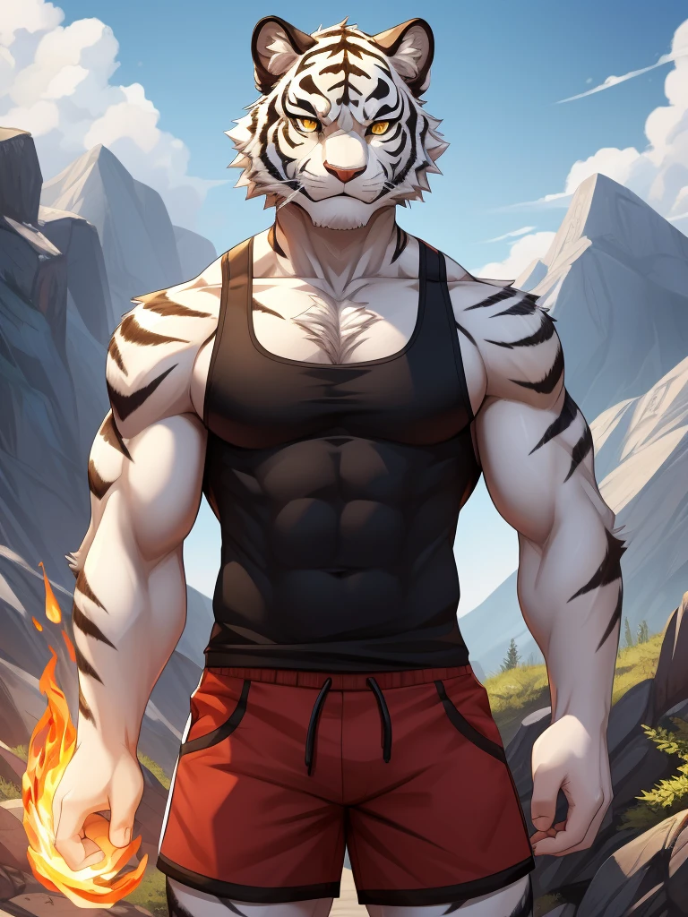 Mountain (Arknights), a furry white tiger, furry, white tiger, white fur, masculine, muscular, black tank top, red shorts white short hair, short haircut, intense stare, frown, smooth colors, smooth lining, cartoony, high res, ultra quality, single, alone, single, alone, lifted tank top, rolled up tank top, abs, chest, yellow eyes, shiny eyes, detailed eyes, adult, wide body, hairy armpits, outside, casting magic fire with hand, hand on waist