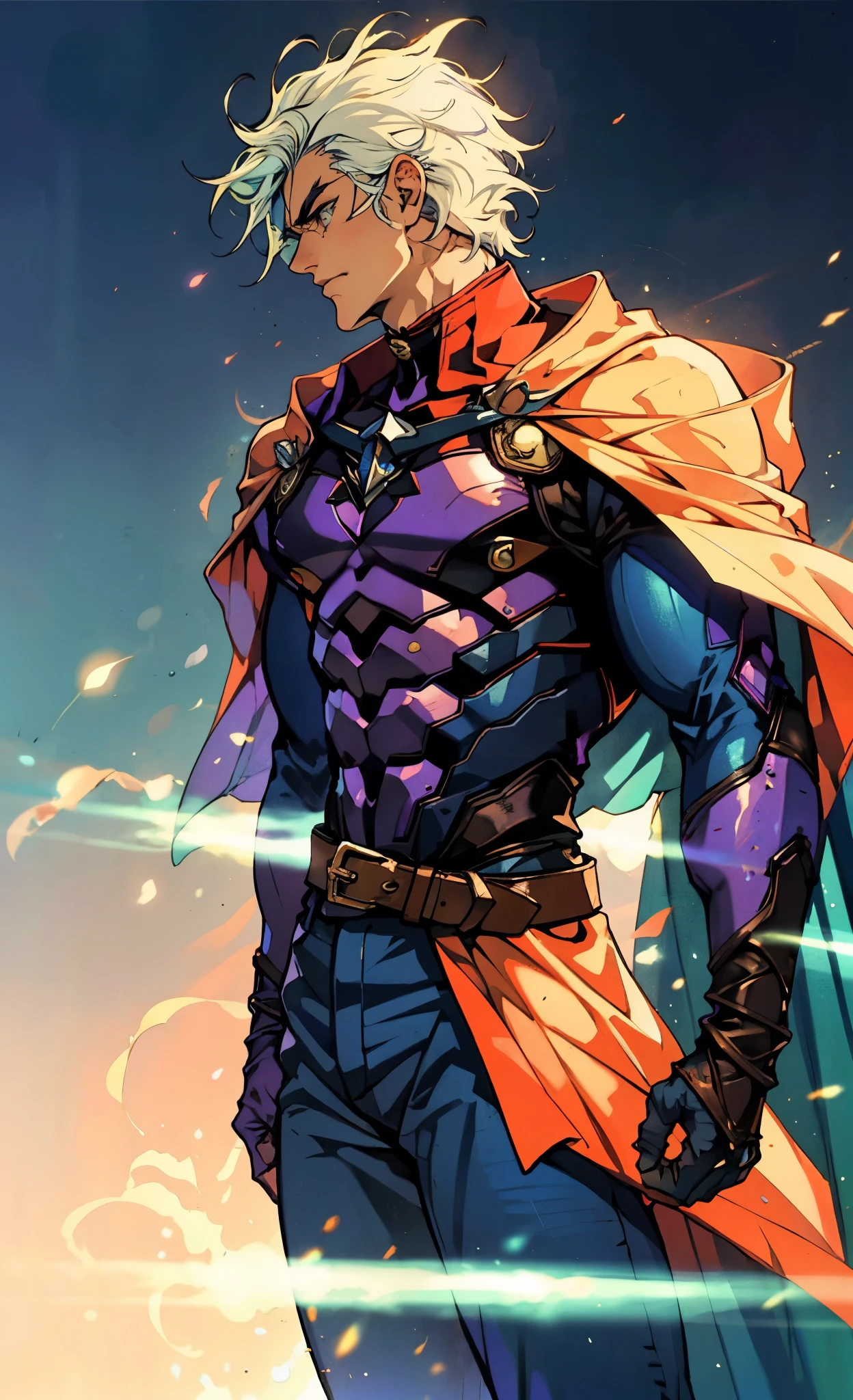 A young man with Greenish-blue spiky short hair, middle part bangs, a disdainful look, slender eyebrows, delicate features, a robust physique, a fantasy-style purple and white tight outfit, a black collar connected to a dark blue cape, a white belt attached to a red and white hem, sky-blue trousers, green flowing light surrounding him, standing on a long street at night, side view, this character embodies a finely crafted fantasy-style warrior in anime style, exquisite and mature manga art style, dramatic, high definition, best quality, highres, ultra-detailed, ultra-fine painting, extremely delicate, professional, perfect body proportions, golden ratio, anatomically correct, symmetrical face, extremely detailed eyes and face, high quality eyes, creativity, RAW photo, UHD, 32k, Natural light, cinematic lighting, masterpiece-anatomy-perfect, masterpiece:1.5