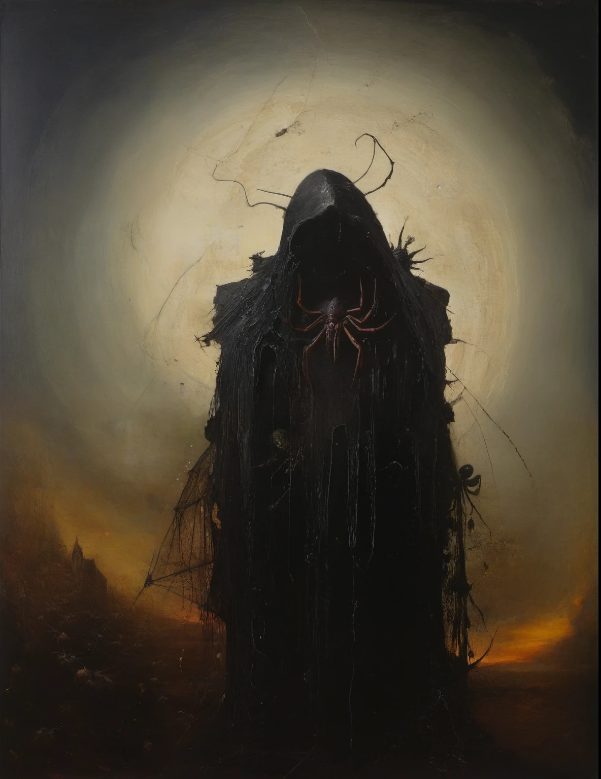 James Gurney, Surrealist art , dream-like, Mysterious, Provocative, symbolic, Complex, detailed,, (Gothic but very beautiful:1.4), (masterpiece, highest quality:1.4) , Nicola Samori Style, spider
