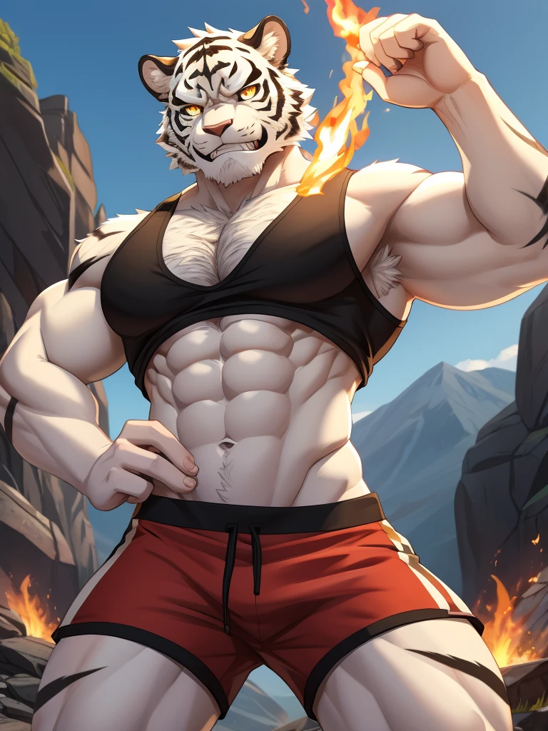 Mountain (Arknights), a furry white tiger, furry, white tiger, white fur, masculine, muscular, black tank top, red shorts white short hair, short haircut, intense stare, frown, cartoony, high res, ultra quality, lifted tank top, abs, chest, yellow eyes, shiny eyes, detailed eyes, adult, wide body, hairy armpits, outside, casting fireball with hand, anime eyes