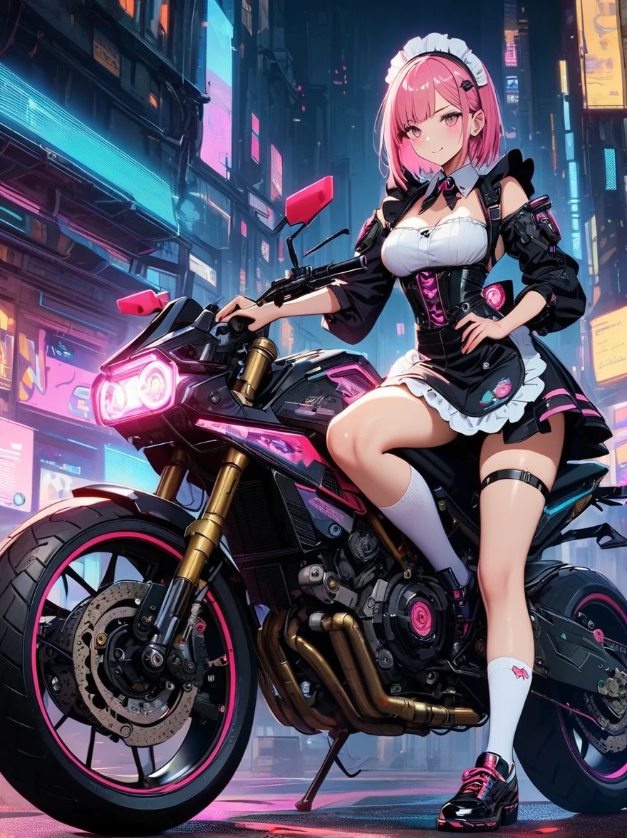((Vision)),((whole body)),1 girl,(Wearing a cute maid costume:1.6),手持电动步枪的Cyberpunk美女,Standing under a cherry tree filled with pink blossoms,(White socks,Mechanical ceramic black leather shoes:1.5),background,Empty mountain motorcycle style oil painting,in the style of futuristic,Cyberpunk,High Detail