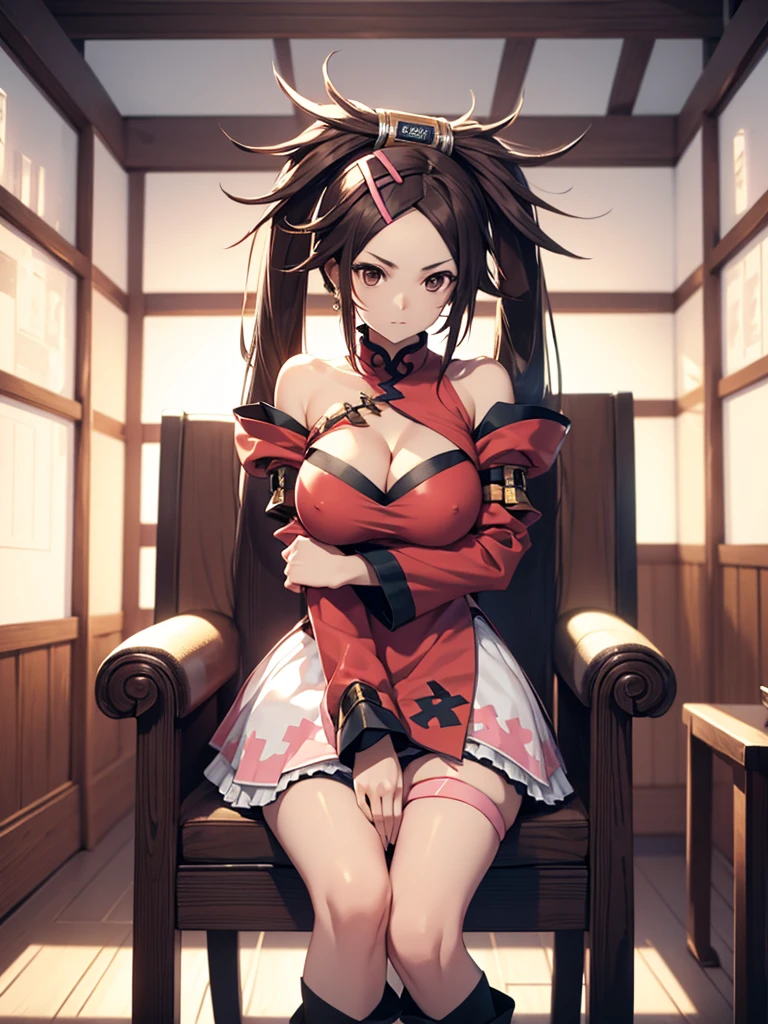 (masterpiece、 top-quality, hight resolution, Unity 8k Wallpaper, extremely details CG:1)、A woman is being interviewed in a chair inside a building. She looks directly into the camera, her body facing the camera. The scene is directly in front of her. nsfw, full body, Emphasis on cleavage, ((from front,1girl)),kuradoberi jam,long hair,large breasts,hair ornament,hairclip,china dress,chinese clothes,bare shoulders,detached sleeves,skirt,boots,pink thigh strap,ankle boots