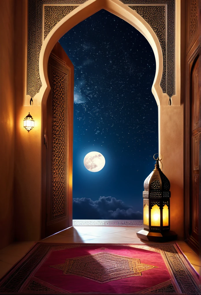 Door way, morrocan interior,islamic lantern  shining bright in the dreamy night starsm,islamic mosque as a view , full moon shining bright above the moque,positive ,islamic theme,fantacy,magical,4 resolutions, HD,