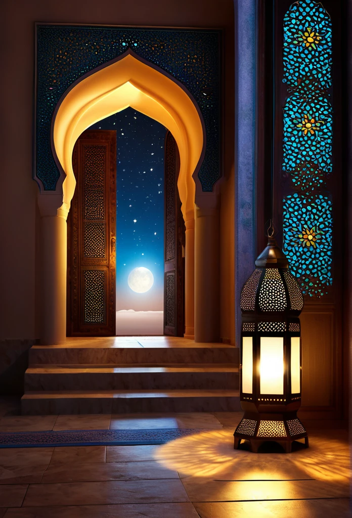 Door way, morrocan interior,islamic lantern shining bright in the dreamy night starsm,islamic mosque as a view , full moon shining bright above the moque,positive ,islamic theme,fantacy,magical,4 resolutions, HD,