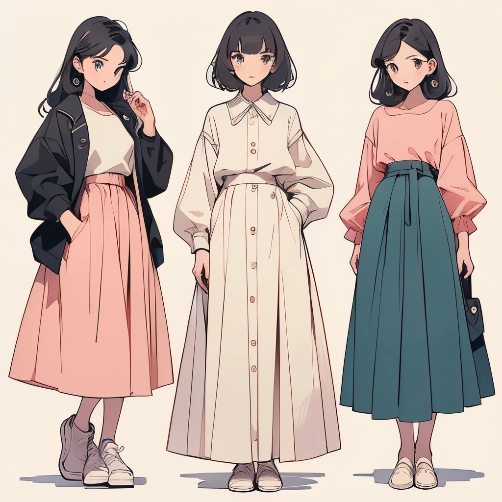 ((highest quality)), ((masterpiece)), (detailed), Perfect Face,Ala-fed illustration of three women in different clothes, Girls standing in a row, Illustration Style, Wearing long, loose clothing, Casual clothingスタイル, Cute art style, drawing style, Casual clothing, Simple clothes, Fashion Research, 多Mr.な衣装, Pink clothes, Bust Up Illustration, wearing elegant Casual clothing, Mr.々A pose, Trending on artstration, Normal clothes, A woman in her twenties wearing elegant clothes,White background,Front view,