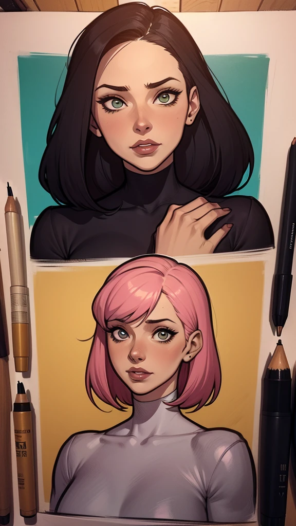 um desenho de uma mulher com uma  e e cabelo preto, Estilo de arte de Charlie Bowater, arte do personagem Charlie Bowater, drawn in the style of digite germe, estilo de charlie bowater, digite germe. alto detalhe, digite germe style, retrato de personagem em close, digite germe portrait, style digite germe, um desenho de duas mulheres em roupas verdes e amarelas, garota de anime desonesta, design de personagens de quadrinhos, fanart requintada altamente detalhada, conceito detalhado de corpo inteiro, High quality color sketch, Design de personagens de quadrinhos dos anos 90, conceito detalhado de corpo inteiro art, Design de personagens de corpo inteiro, design de personagens profissional, design de personagens de alta qualidade, arte conceitual colorida, design de personagem interessante, design de personagens altamente detalhado e charlie bowater  