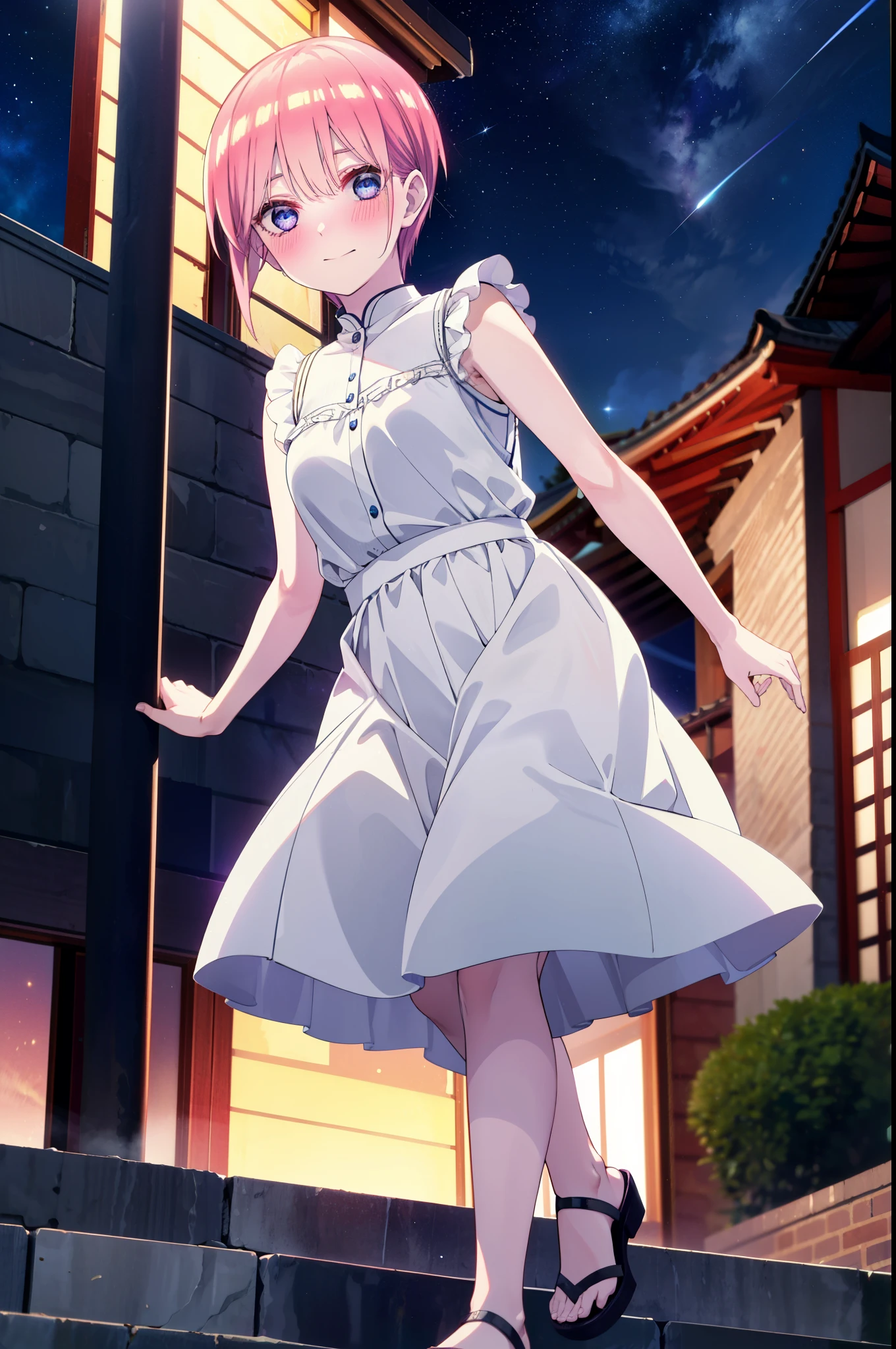 ichikanakano, ichika nakano, short hair, bangs, blue eyes, Hair between the eyes, Pink Hair,smile,Sleeveless white dress,Bare arms,White long skirt,Cute heeled sandals,whole bodyがイラストに入るように,Looking down from above,walk,moonlight,night,ロマンチックなnight景,Starry Sky,shooting star,Looking up from below,stone stageに座っている,
break outdoors, shrine,stone stage,Building district,
break looking at viewer, whole body,
break (masterpiece:1.2), highest quality, High resolution, unity 8k wallpaper, (shape:0.8), (Beautiful details:1.6), Highly detailed face, Perfect lighting, Highly detailed CG, (Perfect hands, Perfect Anatomy),