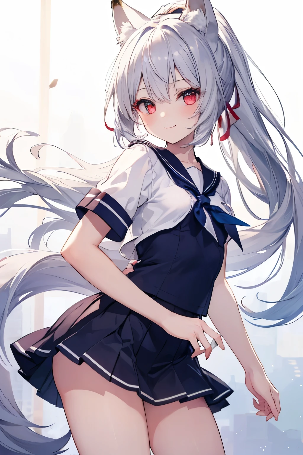 Silver Hair、Red Eye、Fox Ears、girl、Small 、ponytail、girl、Small breasts、Bright Looks about 15 years old、Petan M目のhighlight、Sexy thighs、Short-sleeved sailorit、mini skirt、Your eyes are so beautiful、highlight