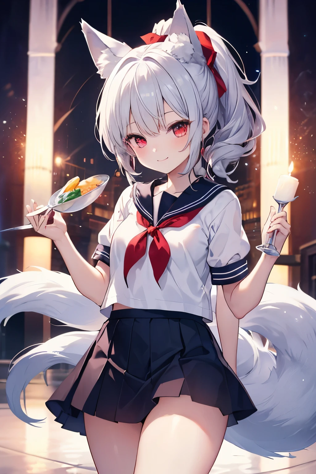 Silver Hair、Red Eye、Fox Ears、girl、Small breasts、ponytail、girl、Small breasts、Lolita、Bright smile、Looks about 15 years old、Petan Musume、short、目のhighlight、Sexy thighs、Short-sleeved sailor suit、mini skirt、Your eyes are so beautiful、highlight