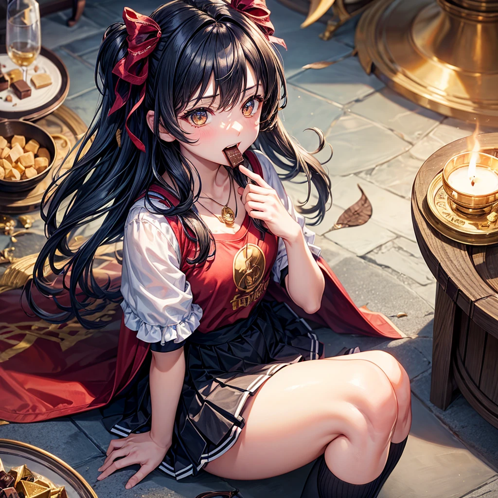 Dark Blue Hair、Golden Eyes、Braid、One good looking girl、solo、anime、Checkered mini skirt、Ruffles on the skirt、Red T-shirt、Cape、Gothic、Black knee-high socks、bandana、Wearing a ribbon、Ribbon on waist、Tilting face、Teeth are visible、Sunset sky、Piercing the clouds、Contrail、lotus leaves、Cumulonimbus、Pillar of Light、Magic wand、Sitting on a golden treasure chest、I'm pounding、candle fire、Eating chocolate、Silver coin necklace、From above