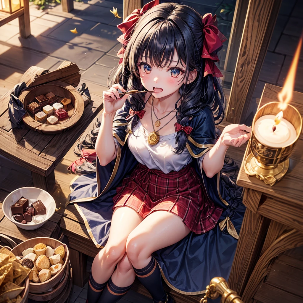 Dark Blue Hair、Golden Eyes、Braid、One good looking girl、solo、anime、Checkered mini skirt、Ruffles on the skirt、Red T-shirt、Cape、Gothic、Black knee-high socks、bandana、Wearing a ribbon、Ribbon on waist、Tilting face、Teeth are visible、Sunset sky、Piercing the clouds、Contrail、lotus leaves、Cumulonimbus、Pillar of Light、Magic wand、Sitting on a golden treasure chest、I'm pounding、candle fire、Eating chocolate、Silver coin necklace、From above