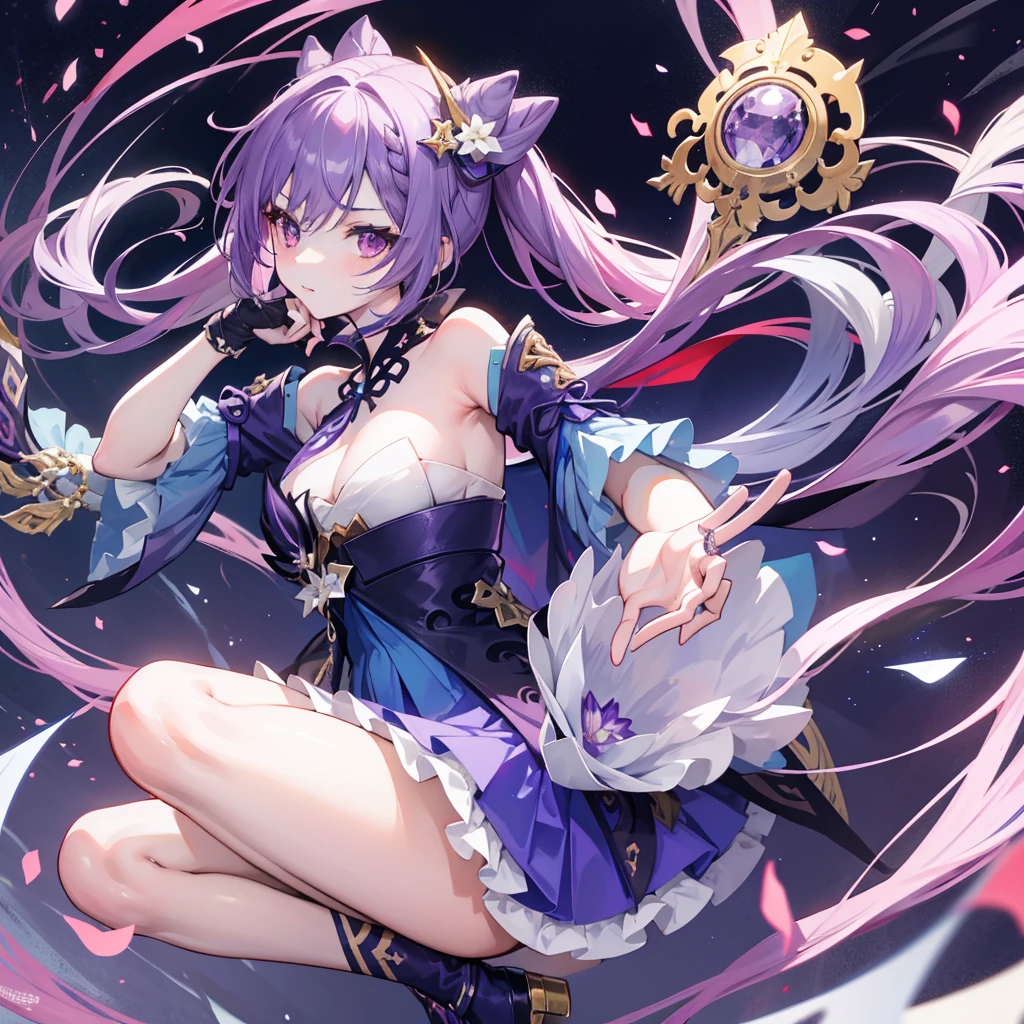 Anime girl with a captivating aura, adorned in a purple outfit, boasting striking purple eyes and distinctive purple hair reminiscent of Akasuki Voidstar - the masterpiece creation of Hajime Yatate, the enigmatic author known for his Anime mo art style. In this portrait, the image of Ayaka from Genshin Impact stands, exuding an [[[[Evil smile]]]], a hint at her enigmatic character as an Image of Zodiac Girl Knights from the Kicking clan. The background, rich in intricate details and shades of purple, evokes the essence of the onmyoji world.