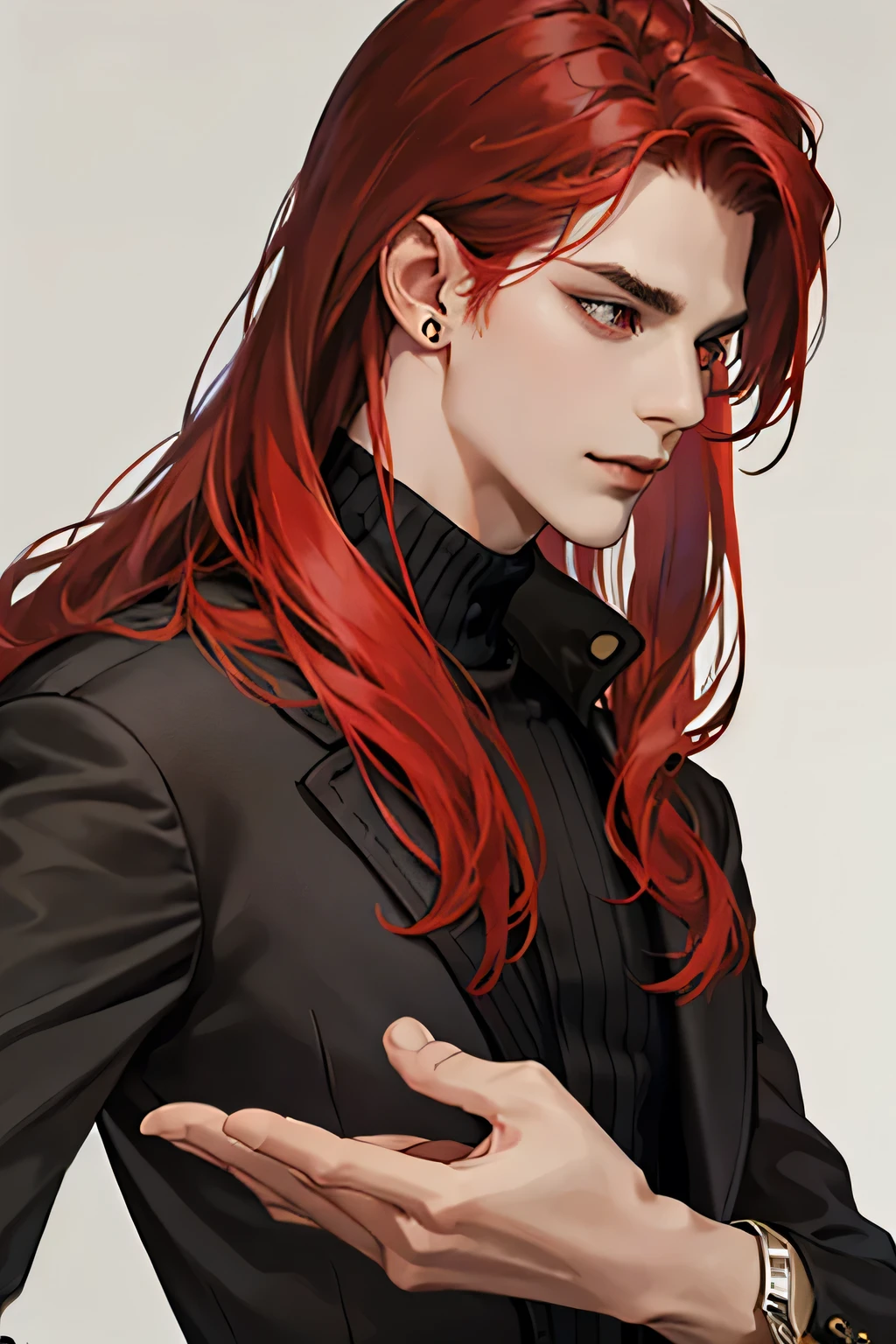 solo male, long hair, red hair, earring, black turtleneck, red blazer jacket, attractive, seductive, adult, brown-red eyes, slight smile, elegant