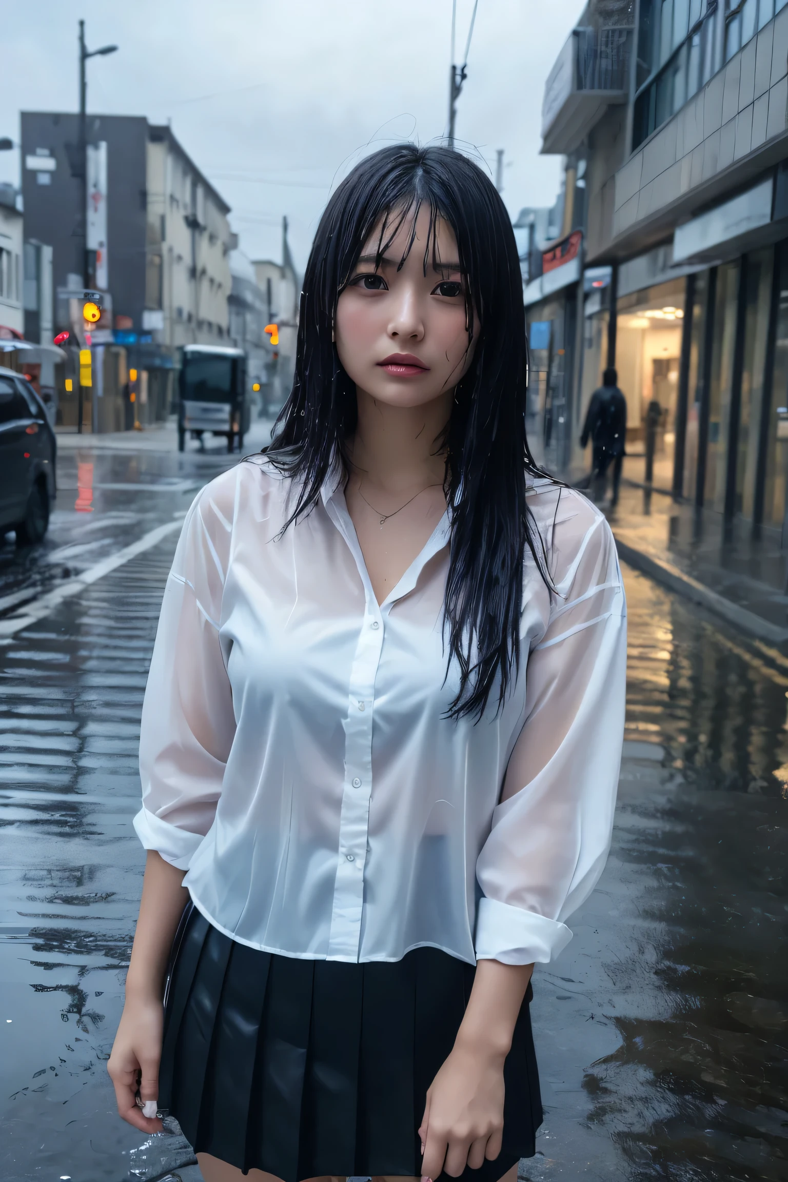 (masterpiece, best quality, 1girl, beautiful office lady, very wet, soaked from heavy rain, long black hair, straight hair, white blouse, dark skirt, serious expression, city street background, detailed scene, reflecting puddles, dark clouds, heavy rain, realistic rain effects)