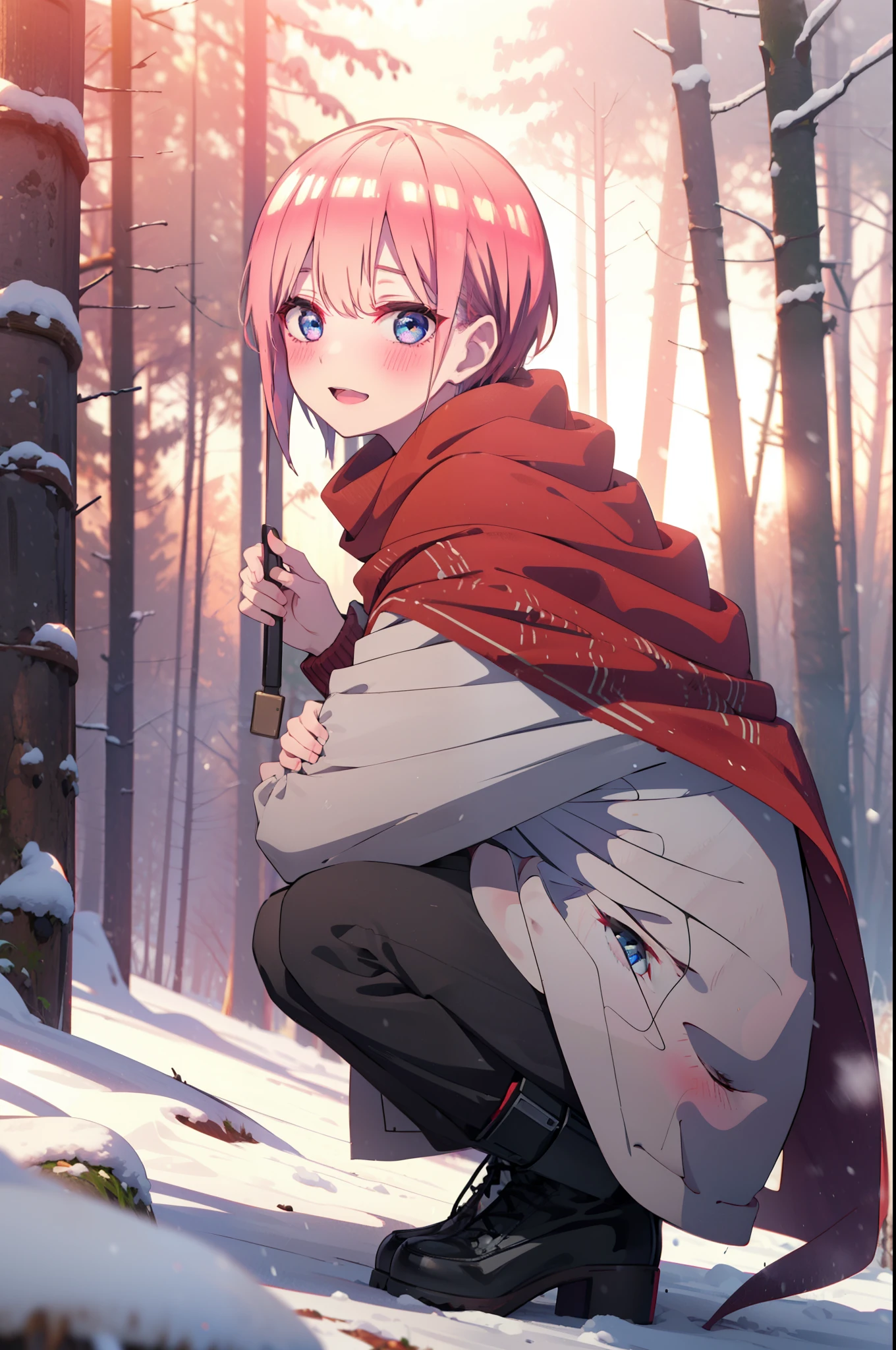 ichikanakano, ichika nakano, short hair, bangs, blue eyes, Hair between the eyes, smile,Pink Hair,smile,blush,White Breath,
Open your mouth,snow,Ground bonfire, Outdoor, boots, snowing, From the side, wood, suitcase, Cape, Blurred, Increase your meals, forest, White handbag, nature,  Squat, Mouth closed, フードed Cape, winter, Written boundary depth, Black shoes, red Cape break looking at viewer, Upper Body, whole body, break Outdoor, forest, nature, break (masterpiece:1.2), highest quality, High resolution, unity 8k wallpaper, (shape:0.8), (Beautiful and beautiful eyes:1.6), Highly detailed face, Perfect lighting, Extremely detailed CG, (Perfect hands, Perfect Anatomy),