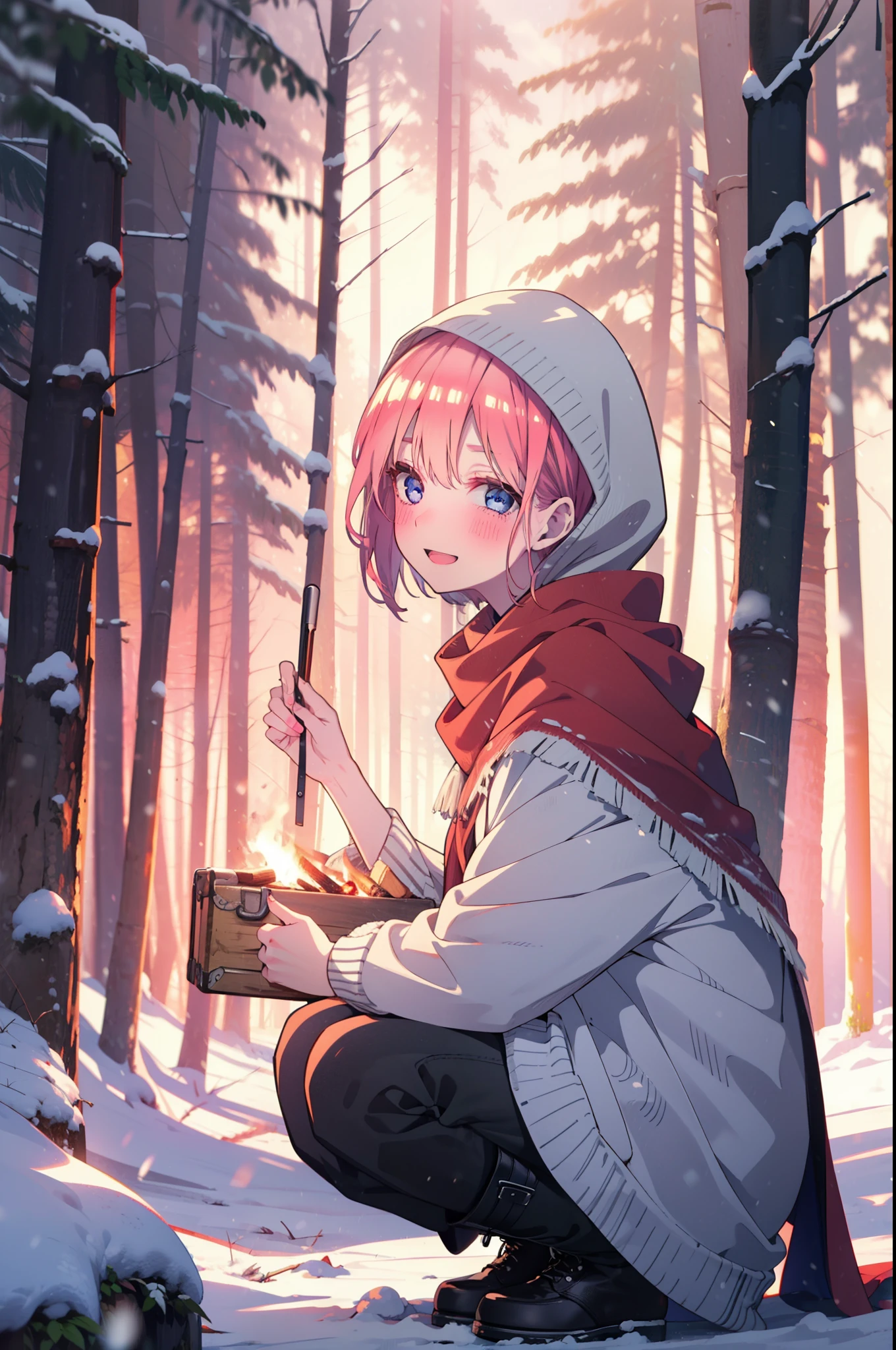 ichikanakano, ichika nakano, short hair, bangs, blue eyes, Hair between the eyes, smile,Pink Hair,smile,blush,White Breath,
Open your mouth,snow,Ground bonfire, Outdoor, boots, snowing, From the side, wood, suitcase, Cape, Blurred, Increase your meals, forest, White handbag, nature,  Squat, Mouth closed, フードed Cape, winter, Written boundary depth, Black shoes, red Cape break looking at viewer, Upper Body, whole body, break Outdoor, forest, nature, break (masterpiece:1.2), highest quality, High resolution, unity 8k wallpaper, (shape:0.8), (Beautiful and beautiful eyes:1.6), Highly detailed face, Perfect lighting, Extremely detailed CG, (Perfect hands, Perfect Anatomy),