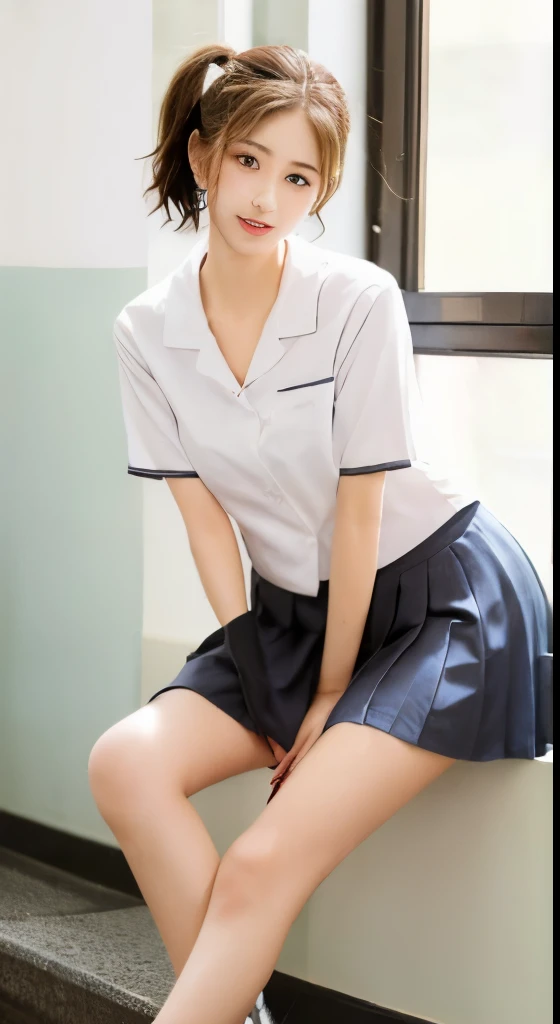 Korean school uniform, Summer shirts, Ribbon Tie, skirt, school classroom, school stairs, Chest thrust pose, 8K Original Photo, high resolution,  Korean guy is so handsome, Rounded and plump breasts, cleveage, Beautiful eye details, Long eyelashes, Beautiful double eyelids, Eyeshadow, Eyeliner, Slender eyes, Elongate the eye shape, Three white eyes, Evil smile, Evil expression, The legs are beautiful and thin, 大The legs are beautiful and thin, Casual short hair, hair tied behind the head, earrings, Bright Blonde,