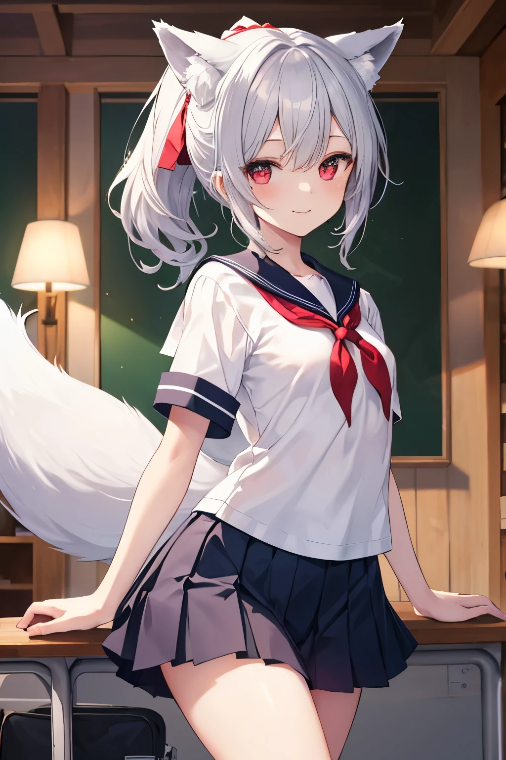 Silver Hair、Red Eye、Fox Ears、girl、Small breasts、ponytail、girl、Small breasts、ta、Bright smile、Looks about 15 yan Musume、short、目のhighlight、Sexy thighs、School、Short-sleeved sailor suit、mini skirt、Your eyes are so beautiful、highlight