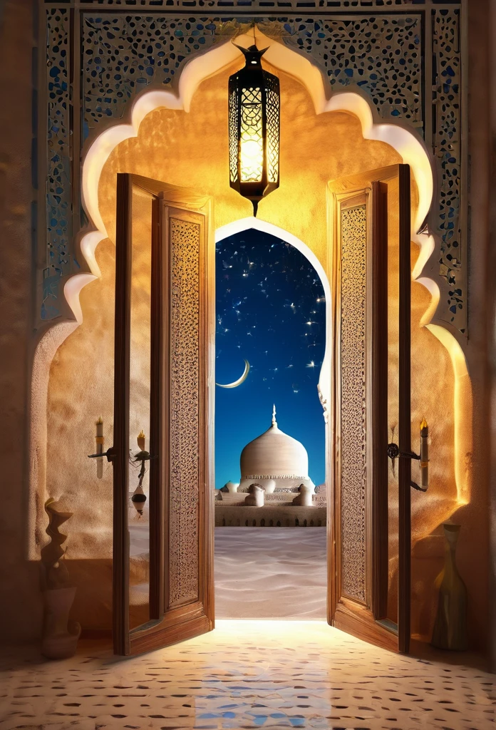 Door way, morrocan interior,islamic lantern  shining bright in the dreamy night stars,with view of mosque , full moon shining bright above the moque,positive ,islamic theme,fantacy,magical,4 resolutions, HD,