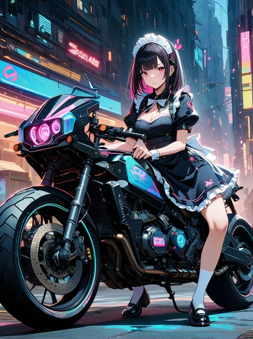 ((Vision)),((whole body)),1 girl,(Wearing a cute maid costume:1.6),手持电动步枪的Cyberpunk美女,Standing under a cherry tree filled with pink blossoms,(White socks,Mechanical ceramic black leather shoes:1.5),background,Empty mountain motorcycle style oil painting,in the style of futuristic,Cyberpunk,High Detail