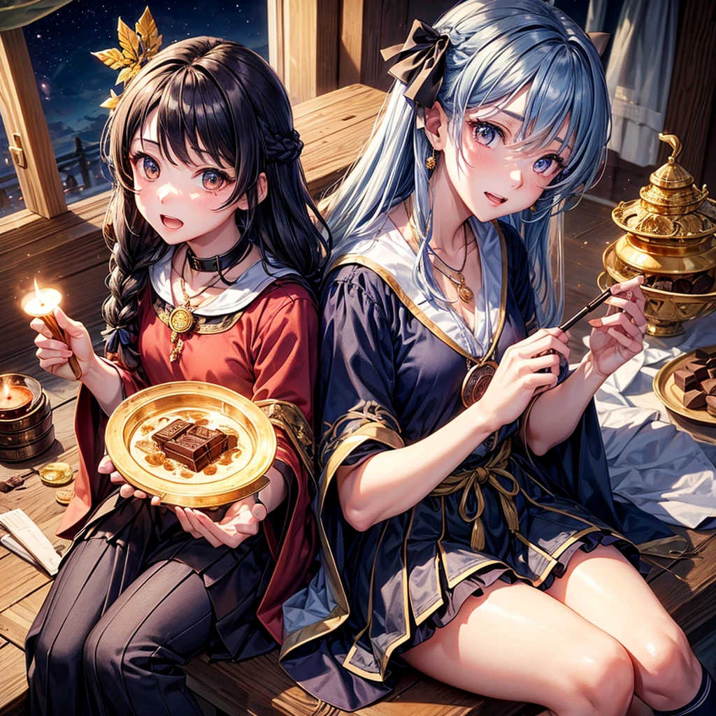 Dark Blue Hair、Golden Eyes、Braid、One good looking girl、solo、anime、Checkered mini skirt、Ruffles on the skirt、Red T-shirt、Cape、Gothic、Black knee-high socks、bandana、Wearing a ribbon、Ribbon on waist、Tilting face、Teeth are visible、Sunset sky、Piercing the clouds、Contrail、lotus leaves、Cumulonimbus、Pillar of Light、Magic wand、Sitting on a golden treasure chest、I'm pounding、candle fire、Eating chocolate、Silver coin necklace、From above