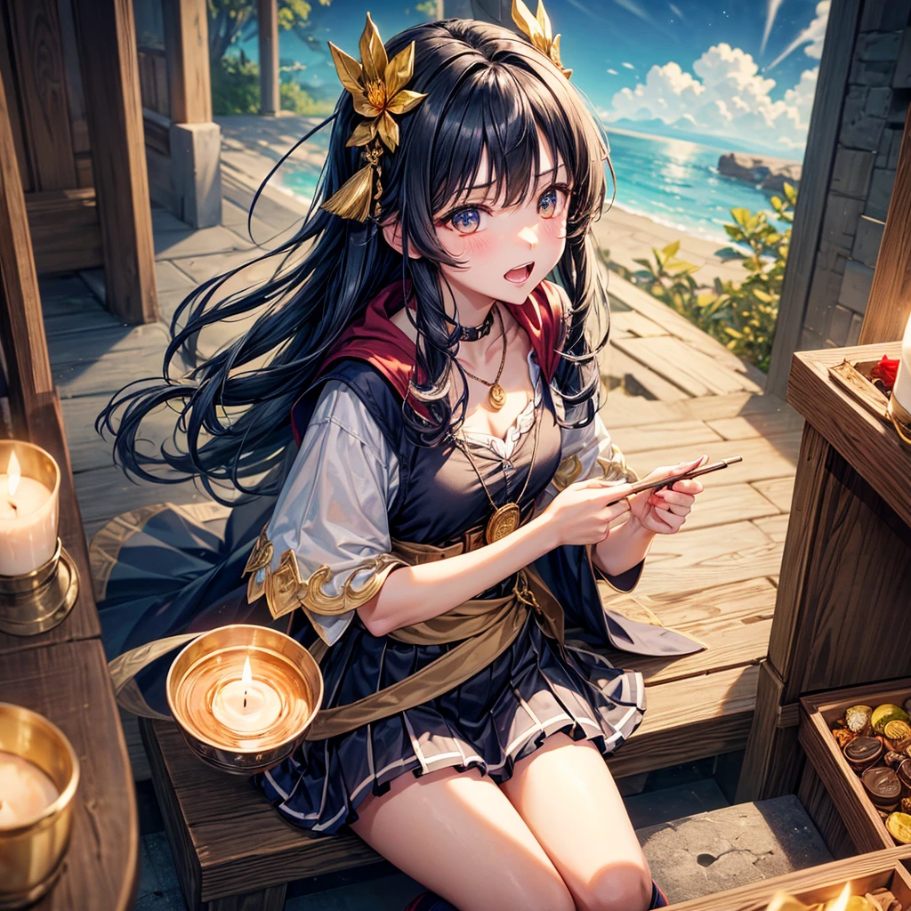 Dark Blue Hair、Golden Eyes、Braid、One good looking girl、solo、anime、Checkered mini skirt、Ruffles on the skirt、Red T-shirt、Cape、Gothic、Black knee-high socks、bandana、Wearing a ribbon、Ribbon on waist、Tilting face、Teeth are visible、Sunset sky、Piercing the clouds、Contrail、lotus leaves、Cumulonimbus、Pillar of Light、Magic wand、Sitting on a golden treasure chest、I'm pounding、candle fire、Eating chocolate、Silver coin necklace、From above