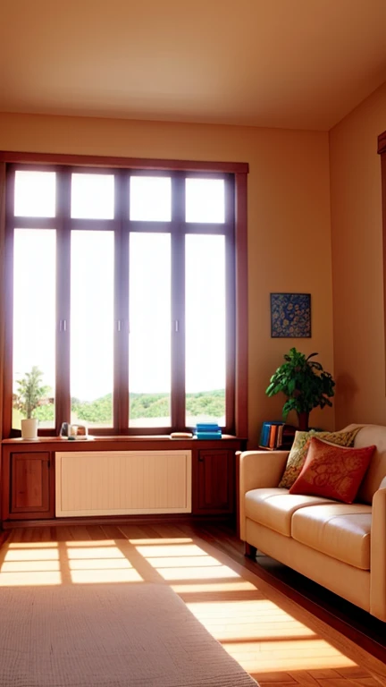 Bright and warm living room with sunlight streaming through the window.