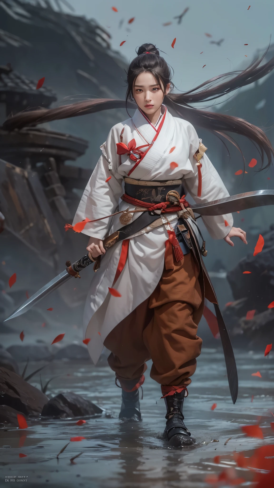 (ultra high definition, high quality,8K, masterpiece: 1.3), korean girl,  female warrior, ponytail, Joseon warrior&#39;clothes, Armor, torn clothes, pale skin, 20 years old, (cut with a knife), (large amount of blood: 1.6), numerous wounds, holding a knife, lying in the mountain valley, Bleeding while lying down, tired face, Half of the body is submerged in water, blood smears, Loose eyes,wear combat uniform, holding a knife