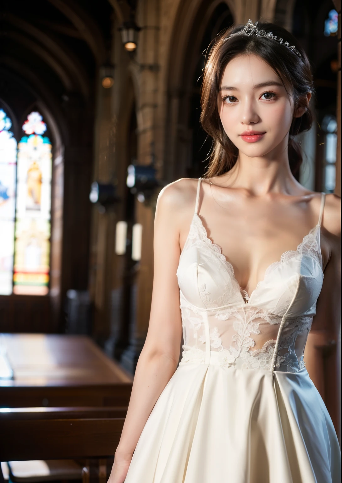 Beautiful 18 year old skinny woman。She is wearing a wedding dress. She is smiling on illuminated by the evening church lights . her dark brown hair. High resolution、masterpiece、highest quality、頭w:1.0、((Hasselblad Photos))、fine skin、(movie lighting)、clavicle . full body picture.