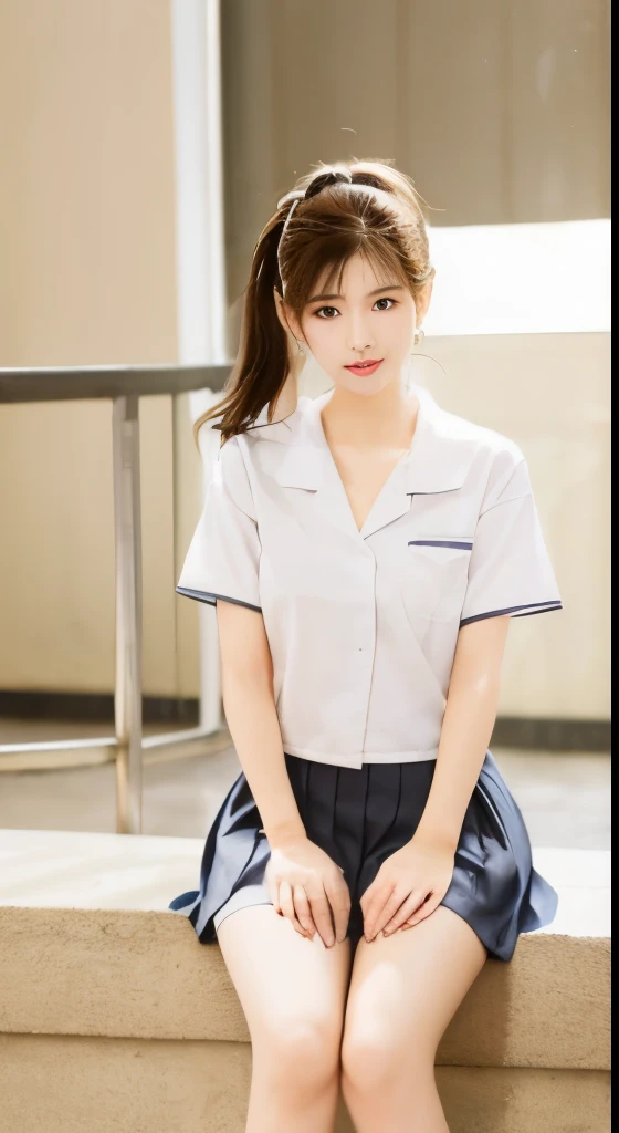 Korean school uniform, Summer shirts, Ribbon Tie, skirt, school classroom, school stairs, Chest thrust pose, 8K Original Photo, high resolution,  Korean guy is so handsome, Rounded and plump breasts, cleveage, Beautiful eye details, Long eyelashes, Beautiful double eyelids, Eyeshadow, Eyeliner, Slender eyes, Elongate the eye shape, Three white eyes, Evil smile, Evil expression, The legs are beautiful and thin, 大The legs are beautiful and thin, Casual short hair, hair tied behind the head, earrings, Bright Blonde,