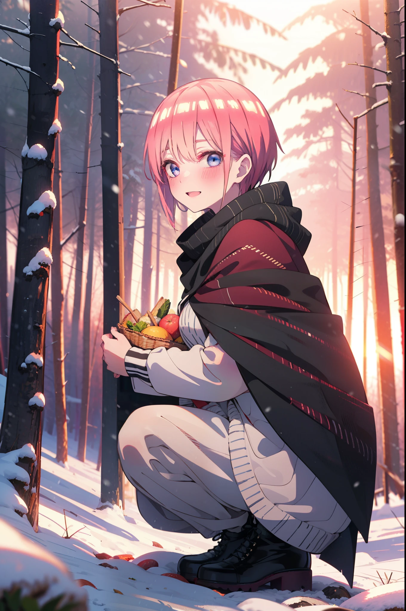 ichikanakano, ichika nakano, short hair, bangs, blue eyes, Hair between the eyes, smile,Pink Hair,smile,blush,White Breath,
Open your mouth,snow,Ground bonfire, Outdoor, boots, snowing, From the side, wood, suitcase, Cape, Blurred, Increase your meals, forest, White handbag, nature,  Squat, Mouth closed, フードed Cape, winter, Written boundary depth, Black shoes, red Cape break looking at viewer, Upper Body, whole body, break Outdoor, forest, nature, break (masterpiece:1.2), highest quality, High resolution, unity 8k wallpaper, (shape:0.8), (Beautiful and beautiful eyes:1.6), Highly detailed face, Perfect lighting, Extremely detailed CG, (Perfect hands, Perfect Anatomy),