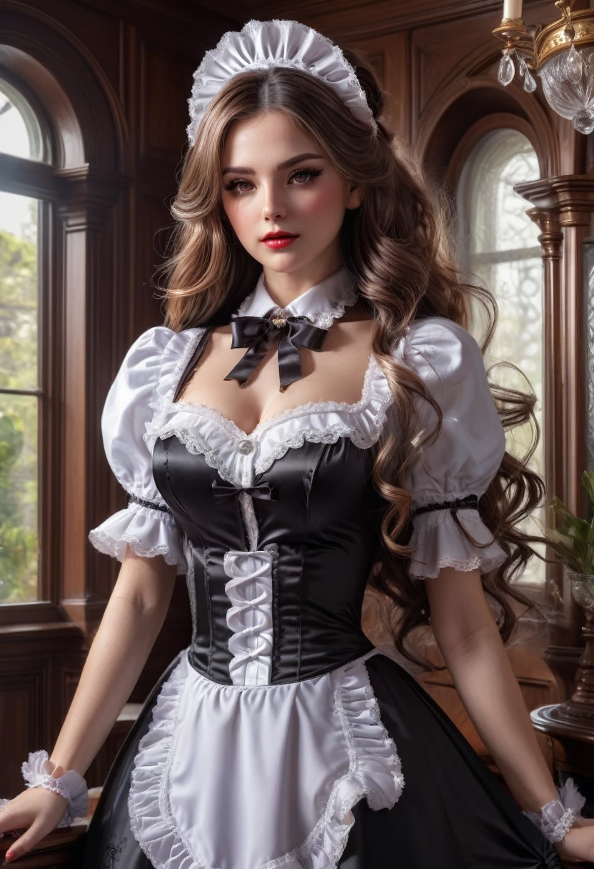 Maid Outfit, a beautiful maid with long flowing hair, detailed eyes, detailed lips, extremely detailed face, long eyelashes, intricate maid uniform with lace and ribbons, holding a feather duster, standing in a luxurious victorian-style room, window light, dramatic lighting, cinematic composition, highly detailed, photorealistic, 8k, masterpiece