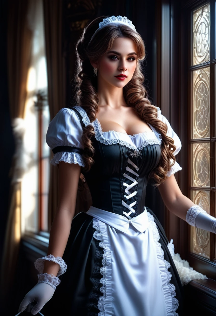 Maid Outfit, a beautiful maid with long flowing hair, detailed eyes, detailed lips, extremely detailed face, long eyelashes, intricate maid uniform with lace and ribbons, holding a feather duster, standing in a luxurious victorian-style room, window light, dramatic lighting, cinematic composition, highly detailed, photorealistic, 8k, masterpiece