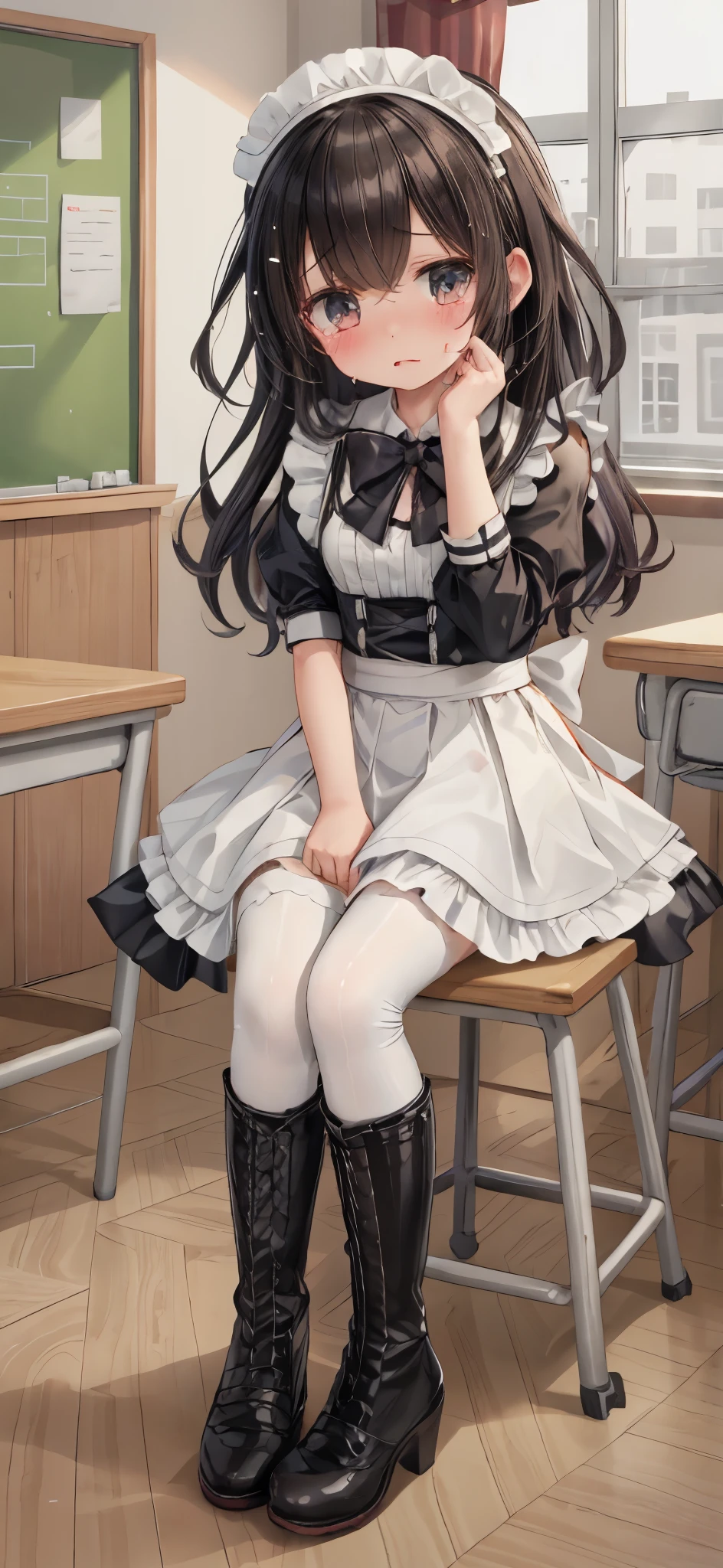 深色短发girl，Shy，blush，Maid costume，Black boots，classroom场景，For the audience，，White pantyhose，blush害羞，classroom scene，girl，，((absurd)), ((on the table)), (best quality), (lens flare), (Super detailed), (Fair), ((cute girl)), solitary, Fair face, White skin, on the table, (10 years old: 1.3), , 、A girl goes to the toilet、 eternal, cry, Close your eyes, Tears flow from the eyes, The embarrassment comes from, blush), (girl is peeing: 1.2),, look away, sit, Awkward, blush, Mouth slightly open, classroom (girl leaking urine): 1.5),Cat girl，Cat，Tail