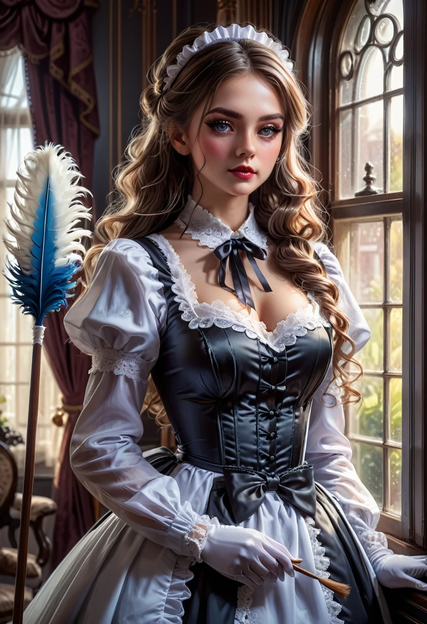 Maid Outfit, a beautiful maid with long flowing hair, detailed eyes, detailed lips, extremely detailed face, long eyelashes, intricate maid uniform with lace and ribbons, holding a feather duster, standing in a luxurious victorian-style room, window light, dramatic lighting, cinematic composition, highly detailed, photorealistic, 8k, masterpiece